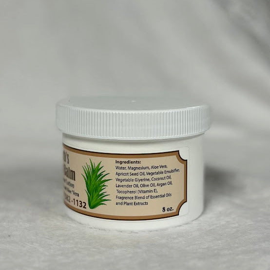 White jar with an ingredient label featuring an aloe vera plant on a gray background