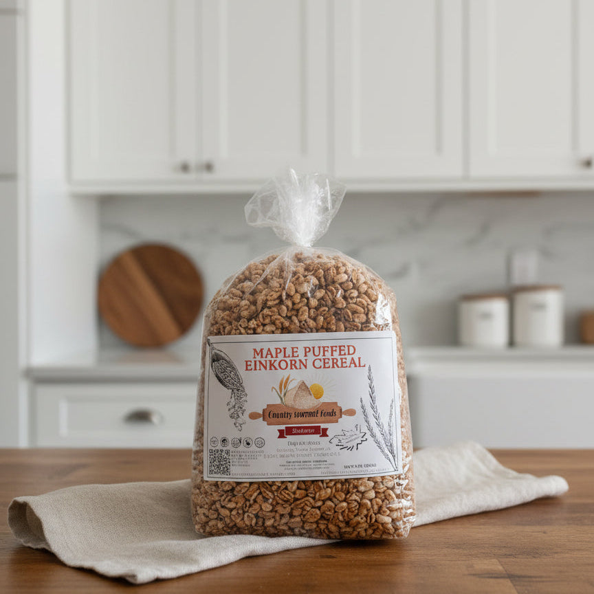 Bag of maple puffed einkorn cereal on a kitchen counter with a neutral background
