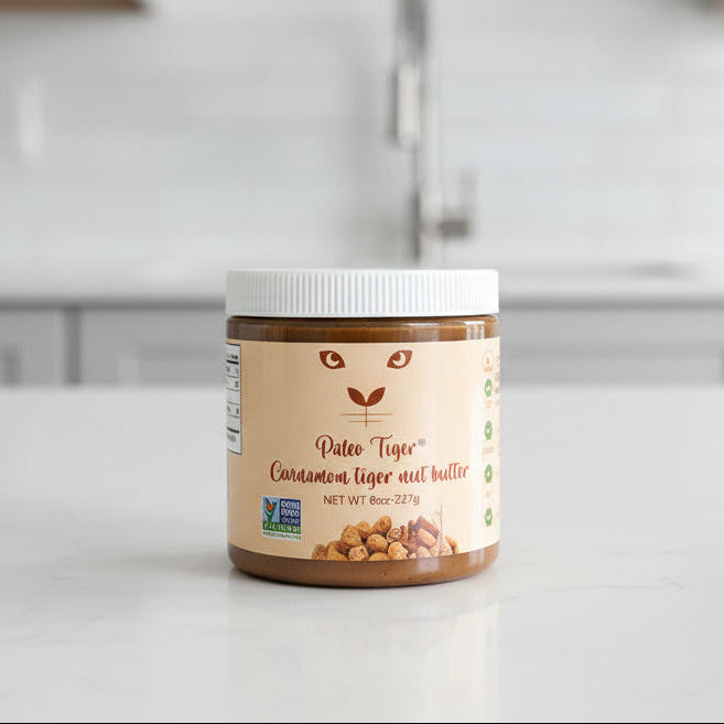 Jar of Paleo Tiger cinnamon tiger nut butter on a kitchen counter