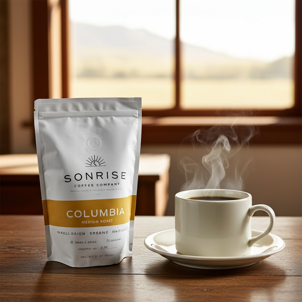 Sonrise Coffee Company Columbia package with a steaming cup of coffee on a wooden table.
