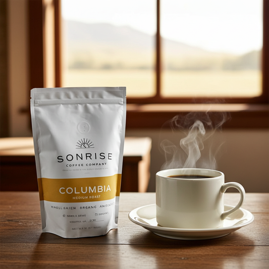 Sonrise Coffee Company Columbia package with a steaming cup of coffee on a wooden table.